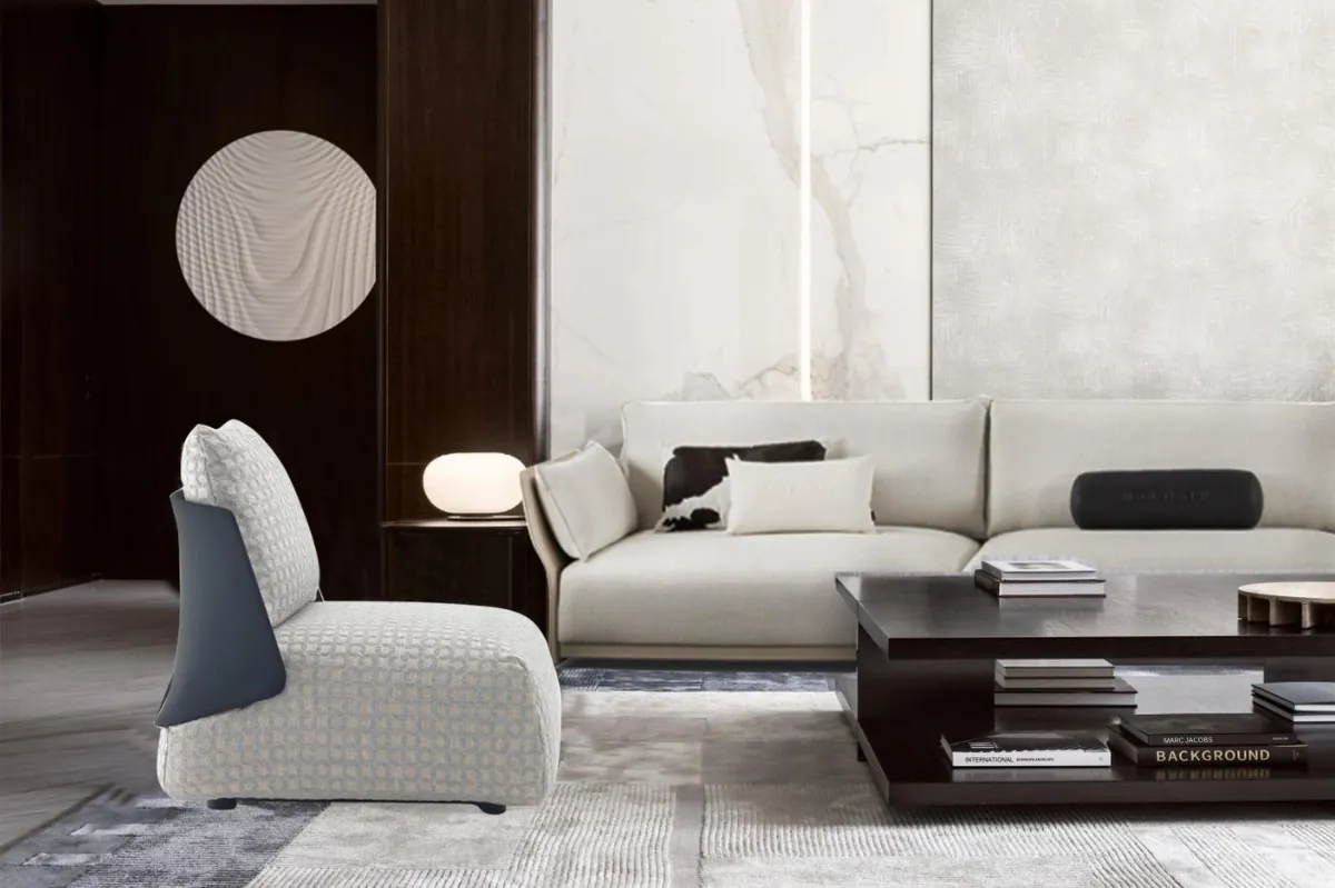 Salon haut de gamme avec canapé modulable clair, extrait de notre catalogue de mobilier