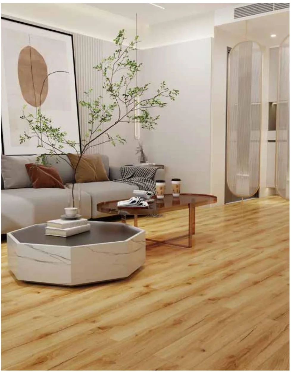 Séjour avec plancher SPC décor bois clair, extrait de notre catalogue de planchers