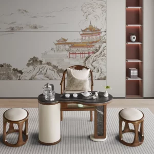 Table à thé en bois avec plateau en pierre, fauteuil et deux tabourets, extrait de notre catalogue