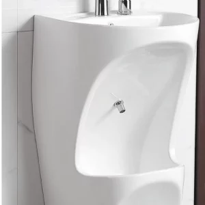 Vasque sur colonne en céramique blanche dans une salle de bain, extrait de notre catalogue de sanitaires