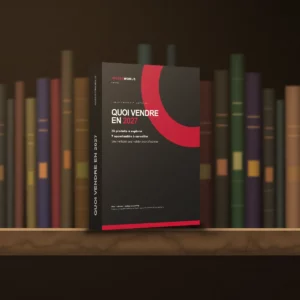 Ebook Quoi Vendre en 2027 d'InvestWorld posé sur une étagère de bibliothèque · InvestWorld's What to Sell in 2027 ebook on a library bookshelf