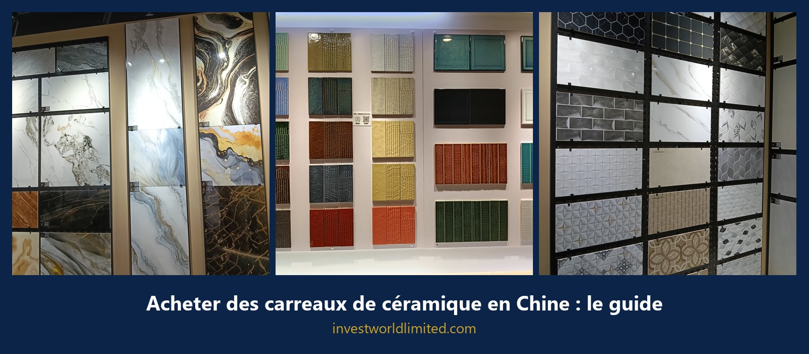 Trois photos de carreaux de céramique vues dans un salon de céramique en Chine