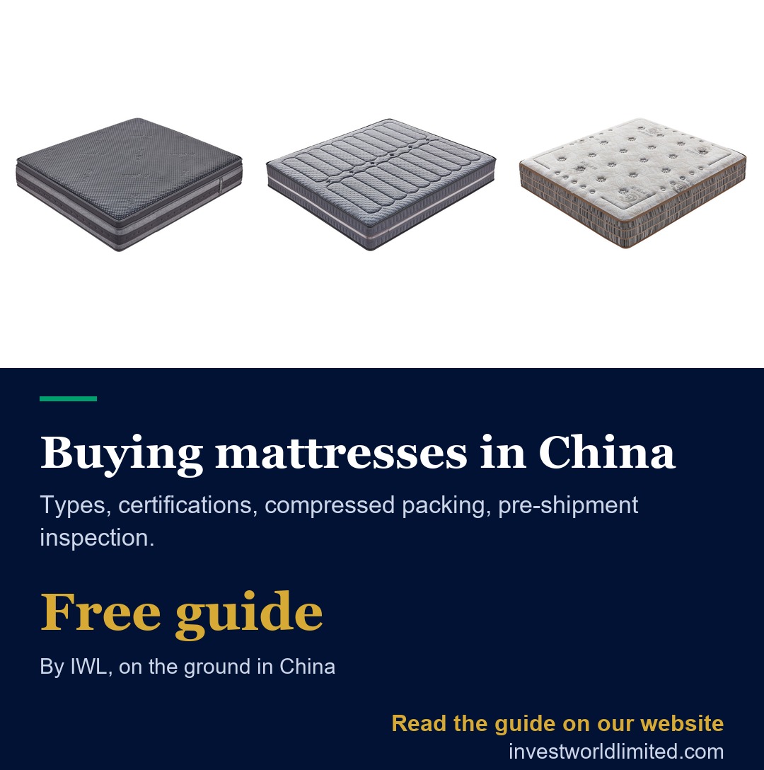 Card for the guide “Buying mattresses from China”: types, certifications, packing and pre-shipment inspection